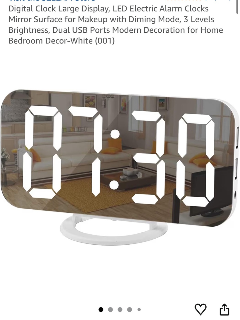 Amazon White LED Mirror Alarm Clock with Large Digital Display